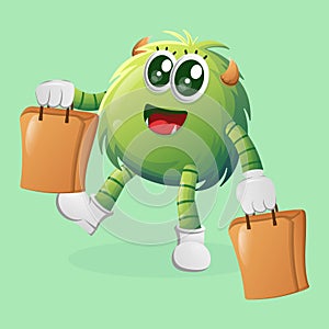 Cute green monster happy shopping