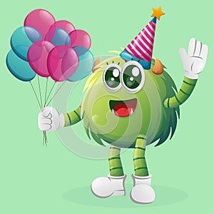 Cute green monster wearing a birthday hat, holding balloons