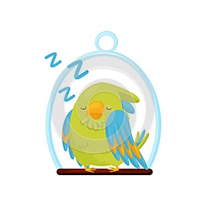 Cute green parrot sleeping on wooden perch. Bird with bright feathers. Adorable cartoon character. Flat vector icon