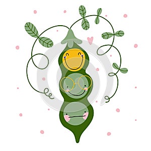 Cute green peas in a pod with different emotions and character.