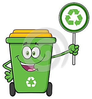 Cute Green Recycle Bin Cartoon Mascot Character Holding A Recycle Sign photo