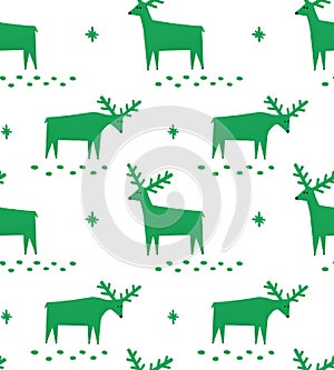 Cute green reindeer pattern for winter holiday wrapping paper, fabric. Funny Christmas woodland deer animal background