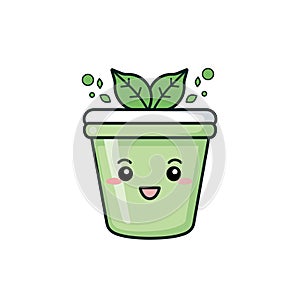 Cute green smoothie cup character smiling, leaves topping, kawaii design. Happy animated drink