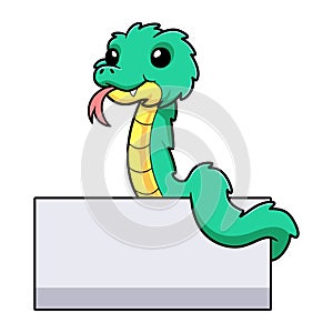 Cute green spiny bush viper cartoon with blank sign