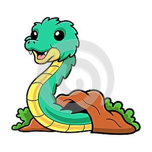 Cute green spiny bush viper cartoon out from hole