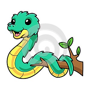 Cute green spiny bush viper cartoon on tree branch