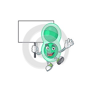 Cute green streptococcus pneumoniae mascot design smiley with rise up a board
