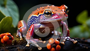 Cute green toad sitting on leaf, looking outdoors in nature generated by AI