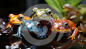 Cute green toad sitting on wet leaf generated by AI