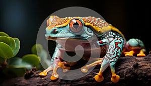 Cute green toad sitting on wet leaf, looking away generated by AI