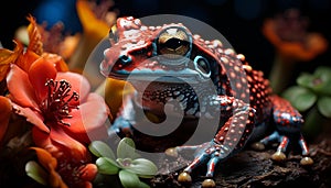 Cute green toad sitting on wet leaf in tropical forest generated by AI