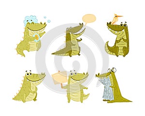 Cute Green Toothy Crocodile or Gator Character Engaged in Different Activity Vector Set
