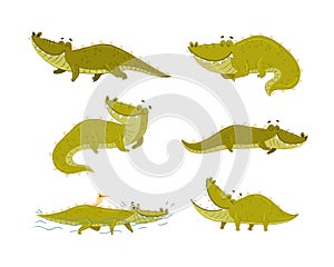 Cute Green Toothy Crocodile or Gator Character Engaged in Different Activity Vector Set