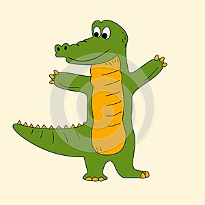 Cute green and yellow crocodile cartoon black outline. Hand drawn alligator mascot for kids design illustration