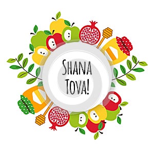 Cute greeting banner background with symbols of Jewish New Year holiday Rosh Hashana, Shana Tova