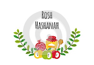 Cute greeting banner background with symbols of Jewish New Year holiday Rosh Hashana, Shana Tova
