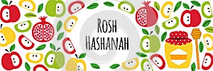 Cute greeting banner background with symbols of Jewish New Year holiday Rosh Hashana, Shana Tova