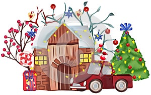 Cute greeting card with Christmas House, tree, red berries, tree branches, winter leaf, retro car, gift box, garland