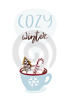 Cute greeting card with cup of hot chocolate and lettering Cozy winter.