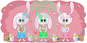 Cute greeting card rabbits with easter egs