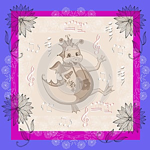 Cute greeting or invitation card. Happy dragon with beautiful flowers and musical notes