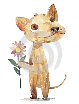 Cute greeting postcard with drawing dog which holding a flower. Happy birthday card