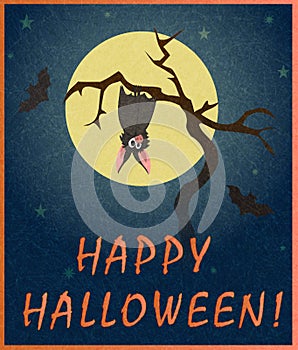 Cute grey bat hanging on a dry tree on background of full moon. Stylish colorful illustration of happy Halloween.