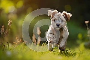 Cute grey brown fluffy puppy dog running freely in lush green grass on a sunny summer day