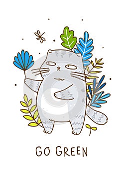 Cute grey cat with leaves - cartoon character for summer poster design  2