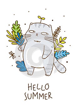 Cute grey cat with leaves - cartoon character for summer poster design