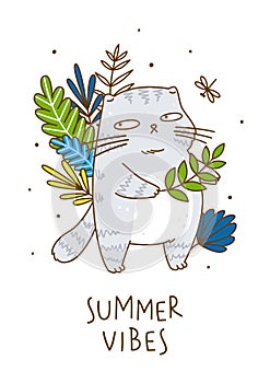 Cute grey cat with leaves - cartoon character for summer poster design 4