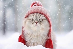 A cute grey cat in a red knitted hat sits in the snow. Snowy winter background. Concept of pets family members.