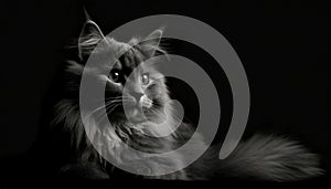 Cute grey fluffy cat. Key lighting on a black background. Photorealistic low key illustration