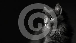 Cute grey fluffy cat. Key lighting on a black background. Photorealistic low key illustration