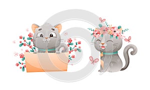 Cute grey kitten holding blank paper banner set. Lovey playing cat animal in wreath of wildflowers cartoon vector