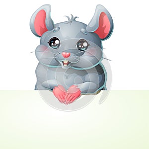 Cute grey mouse and banner on white