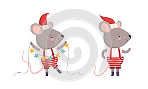 Cute Grey Mouse in Christmas Santa Hat Holding Garland and Standing Vector Set
