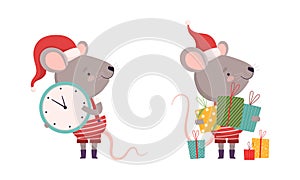 Cute Grey Mouse in Christmas Santa Hat Holding Gift Box and Clock Vector Set