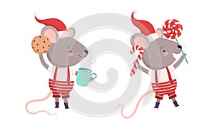 Cute Grey Mouse in Christmas Santa Hat Holding Mug with Hot Drink and Candy Cane Vector Set