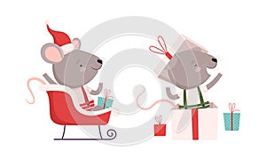 Cute Grey Mouse in Christmas Santa Hat Jumping Out of Gift Box and Riding Sledge Vector Set