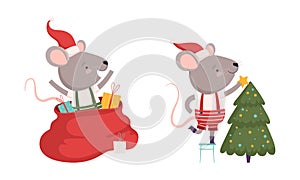 Cute Grey Mouse in Christmas Santa Hat Jumping Out of Sack with Gifts and Decorating Fir Tree Vector Set
