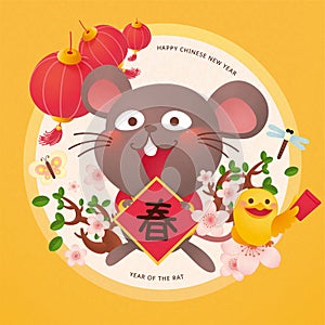 Cute grey mouse holding doufang