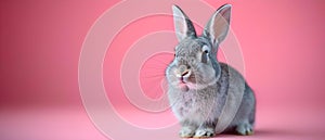 Cute Grey Rabbit with Fluffy Ears and Playful Pose on Pink Background. Concept Animal Photography,