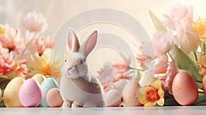 Cute grey rabbit sitting on the front left of some pastel colored Easter Eggs with flowers in background