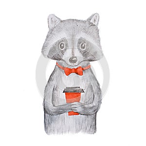 Cute grey raccoon wearing red bow tie holding a takeaway cup of coffee with both hands hand-drawn