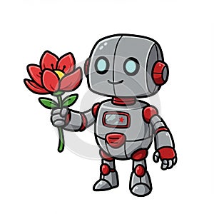 Cute Grey and Red Robot Holding a Red Flower