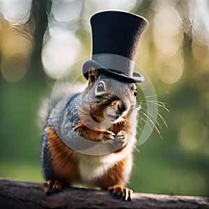 A cute grey squirrel perched atop a tree branch in a natural setting, wearing a miniature hat