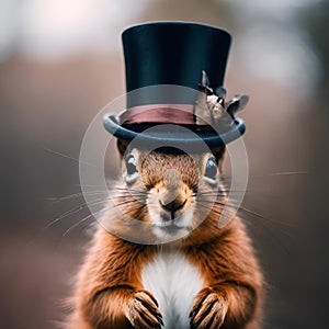 A cute grey squirrel perched atop a tree branch in a natural setting, wearing a miniature hat