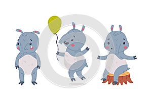 Cute Grey Tapir Animal with Proboscis with Balloon, Crying and Sitting on Tree Stump Vector Set