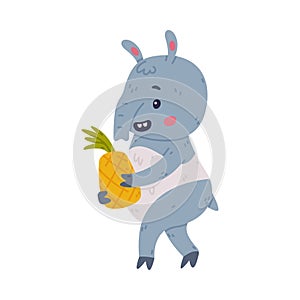 Cute Grey Tapir Animal with Proboscis Carrying Pineapple Fruit Vector Illustration